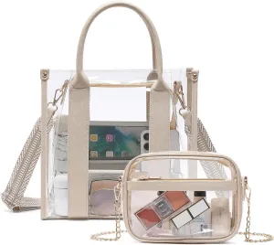 Clear Tote Bag for Stadium Events 2pcs, Clear Purse Stadium Approved Crossbody Bags for Women with Guitar Strap Gold Chain
