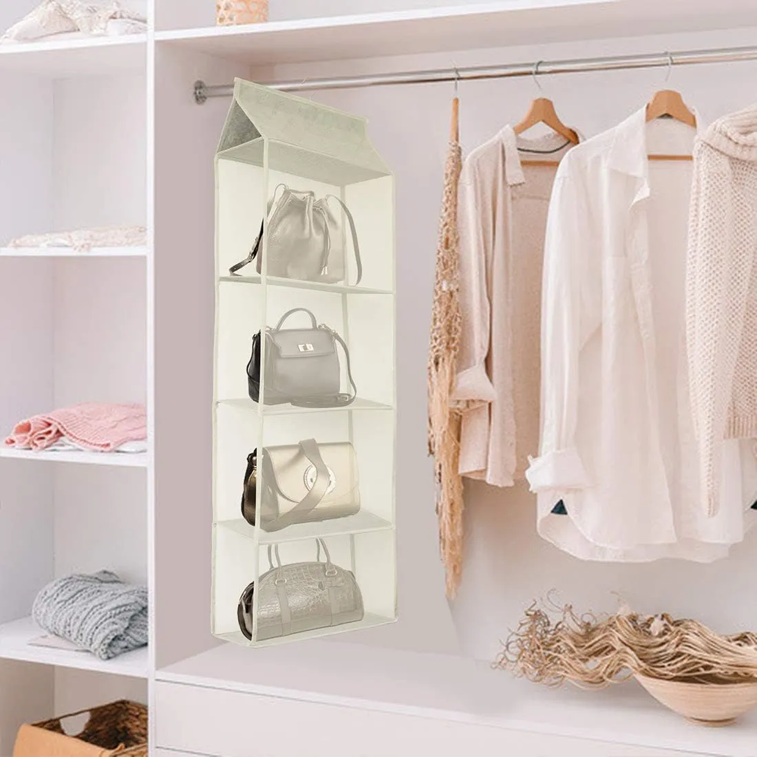 Closet Handbag Purse Holder, Space Saving Hanging Handbag Storage Tote Bag Organizer Holder with 4 Large Heavy-Duty Mesh Shelves for Wardrobe Closet(Pack of 2 Beige)