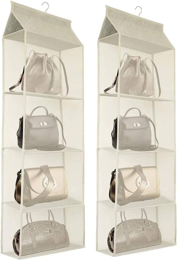 Closet Handbag Purse Holder, Space Saving Hanging Handbag Storage Tote Bag Organizer Holder with 4 Large Heavy-Duty Mesh Shelves for Wardrobe Closet(Pack of 2 Beige)