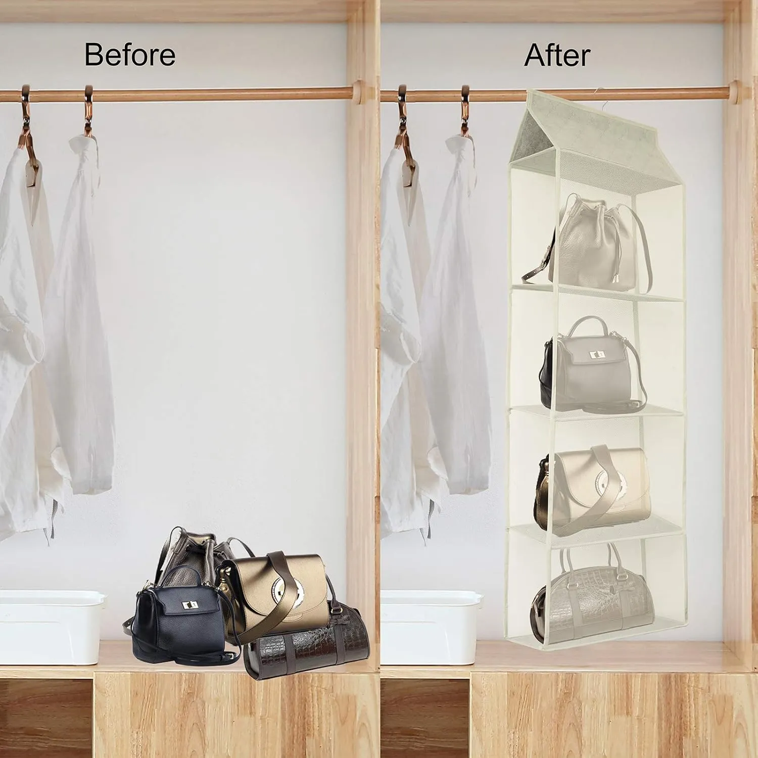 Closet Handbag Purse Holder, Space Saving Hanging Handbag Storage Tote Bag Organizer Holder with 4 Large Heavy-Duty Mesh Shelves for Wardrobe Closet(Pack of 2 Beige)