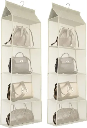 Closet Handbag Purse Holder, Space Saving Hanging Handbag Storage Tote Bag Organizer Holder with 4 Large Heavy-Duty Mesh Shelves for Wardrobe Closet(Pack of 2 Beige)