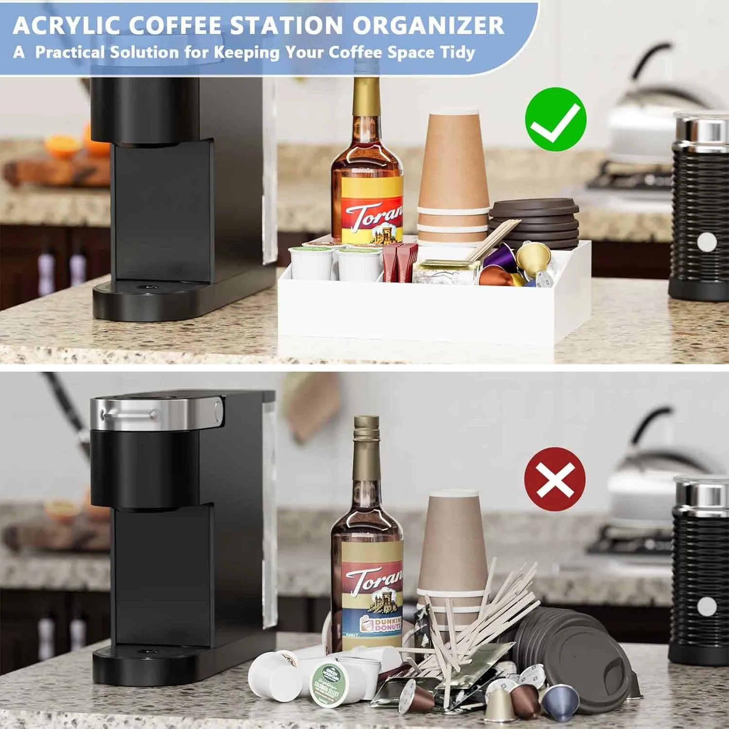 Coffee Bar Station Organizer, Acrylic Countertop Holder for Pod, Cup, Condiment, Stirrers, Snack, Tea - Bar Accessories, Decor and Essentials, Gift for Lovers, White