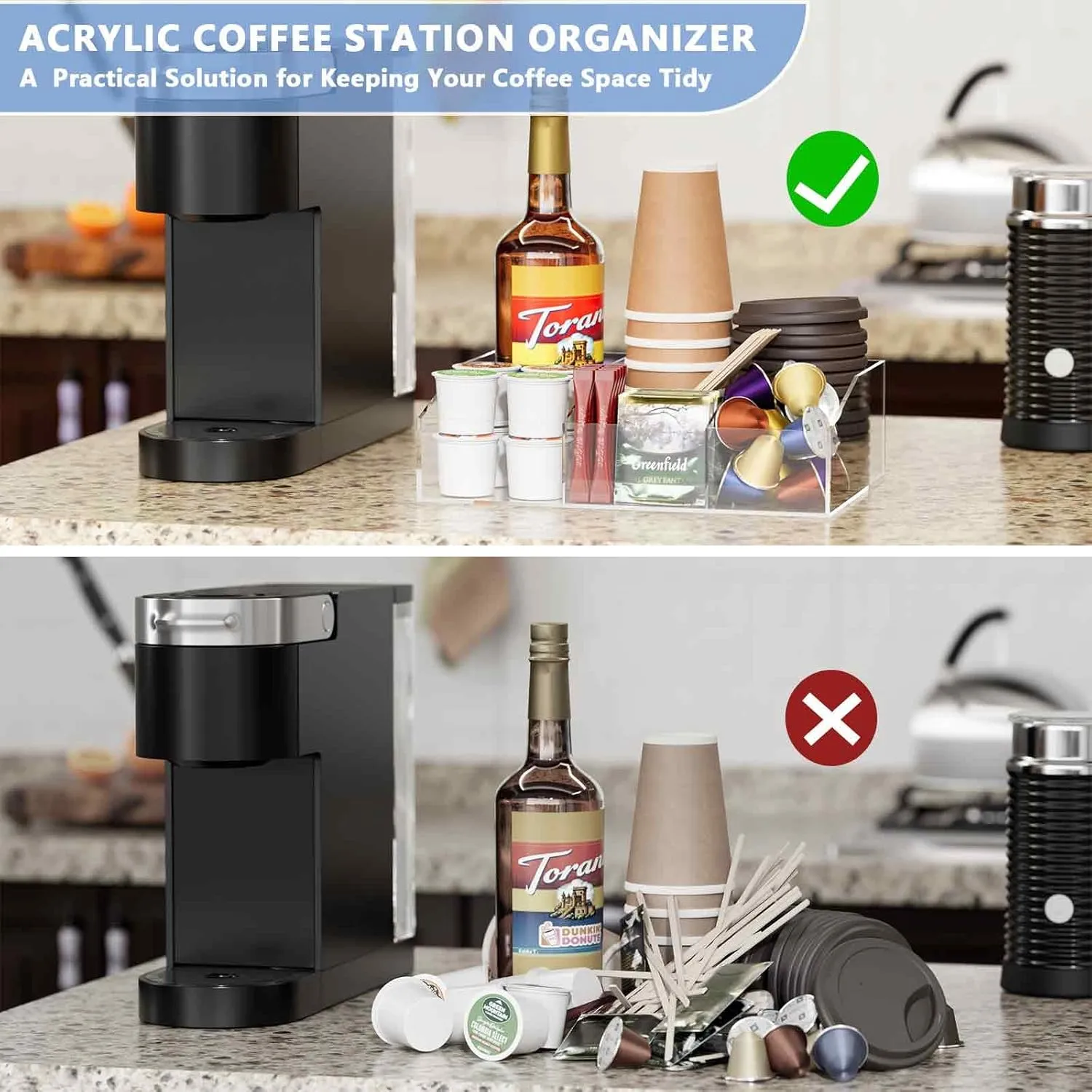 Coffee Bar Station Organizer, Acrylic Countertop Holder for Pods, Condiments, Stirrers, Snacks, Tea, Bar Accessories, Gift for Lovers, Clear