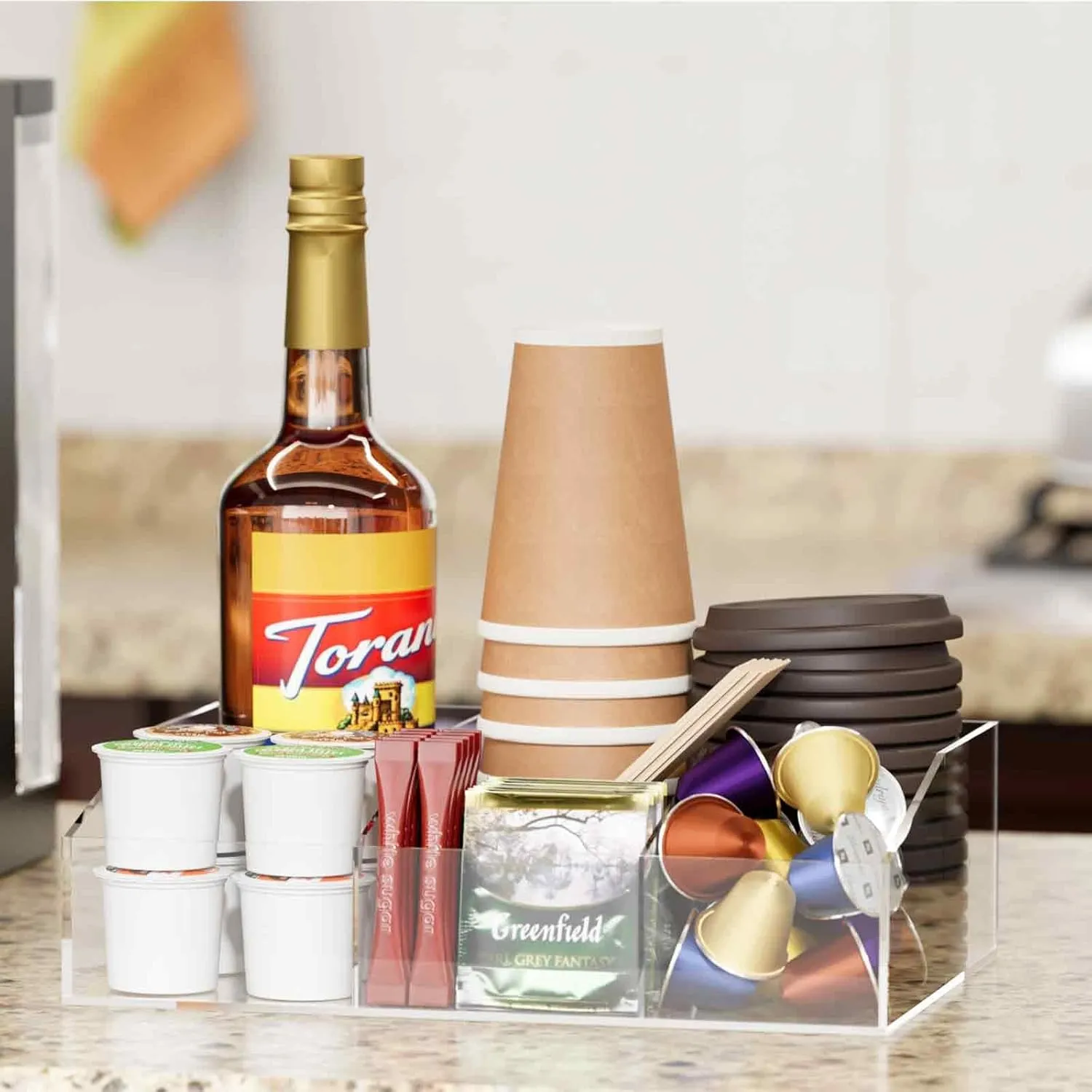 Coffee Bar Station Organizer, Acrylic Countertop Holder for Pods, Condiments, Stirrers, Snacks, Tea, Bar Accessories, Gift for Lovers, Clear