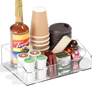 Coffee Bar Station Organizer, Acrylic Countertop Holder for Pods, Condiments, Stirrers, Snacks, Tea, Bar Accessories, Gift for Lovers, Clear
