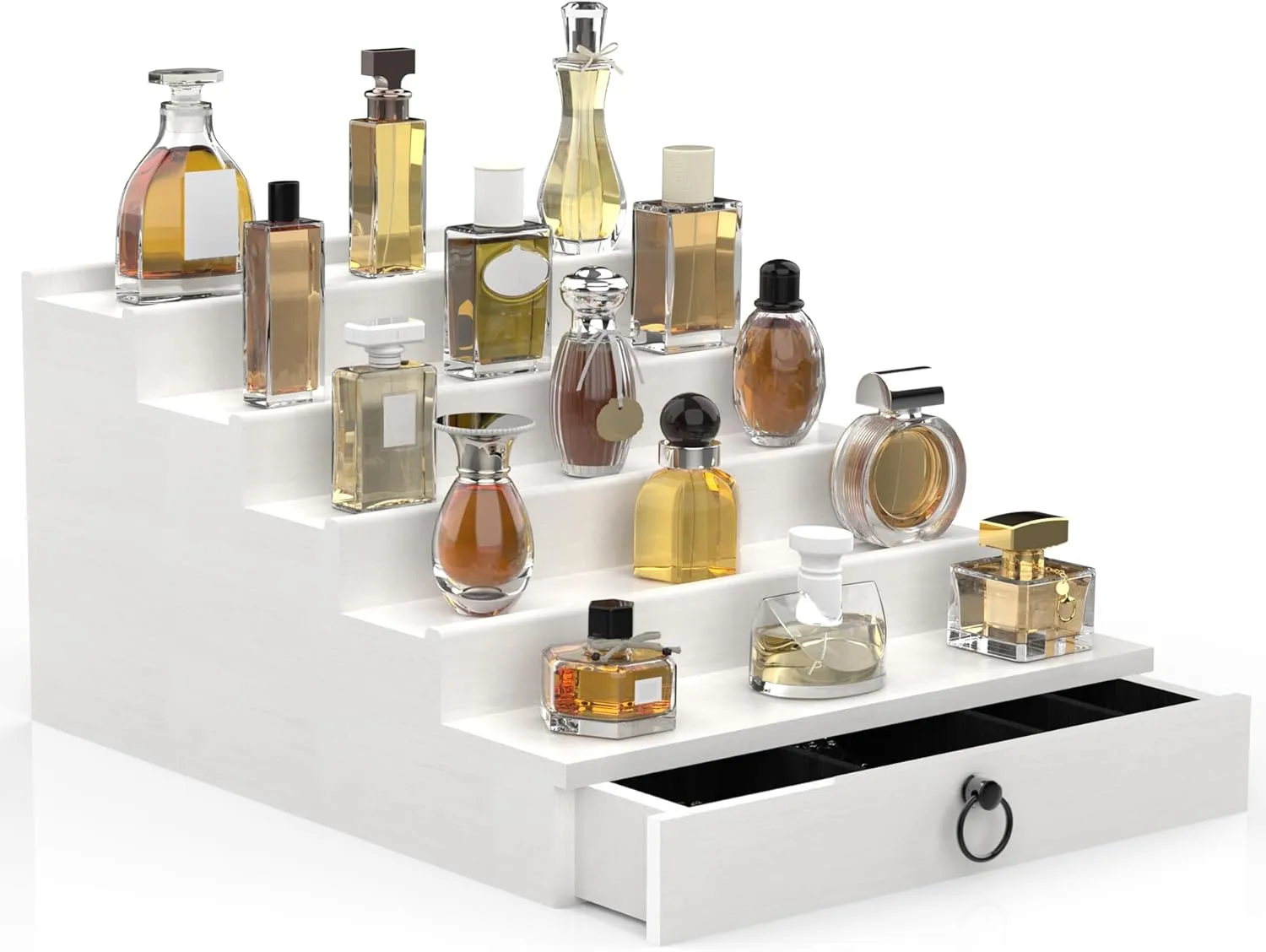 Cologne Organizer for Men, 5 Tier White Cologne Shelf, Perfume Stand with Drawer and Hidden Compartment Perfume Display Holder - A Gift for Men