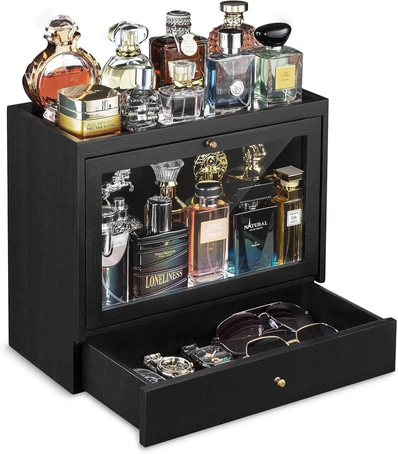 Cologne Organizer for Men, Solid Wood Perfumes Organizer for Men Dresser, Large Capacity Dustproof Cologne Holder with Drawer Storage Perfume Stand Organizer, Ideal Gift for Loved ones