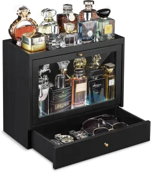 Cologne Organizer for Men, Solid Wood Perfumes Organizer for Men Dresser, Large Capacity Dustproof Cologne Holder with Drawer Storage Perfume Stand Organizer, Ideal Gift for Loved ones