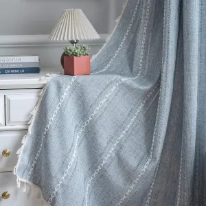 ColorBird Boho Curtains for Bedroom, 96 inch Blue Striped Room Darkening Linen Curtains & Drapes, 2 Panels Embroidered Window Curtain Panels for Dining Living Room Nursery Doorways
