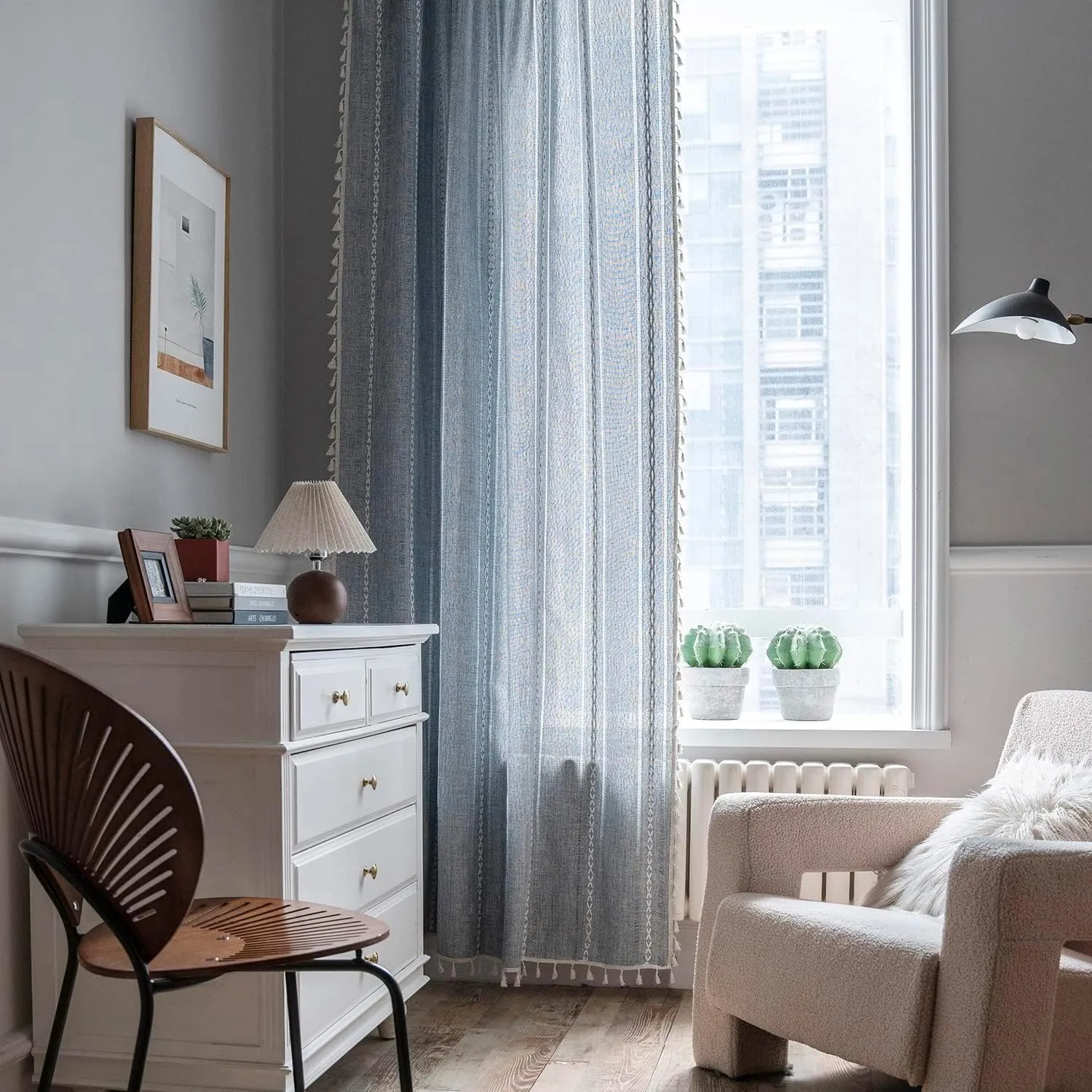 ColorBird Boho Curtains for Bedroom, 96 inch Blue Striped Room Darkening Linen Curtains & Drapes, 2 Panels Embroidered Window Curtain Panels for Dining Living Room Nursery Doorways