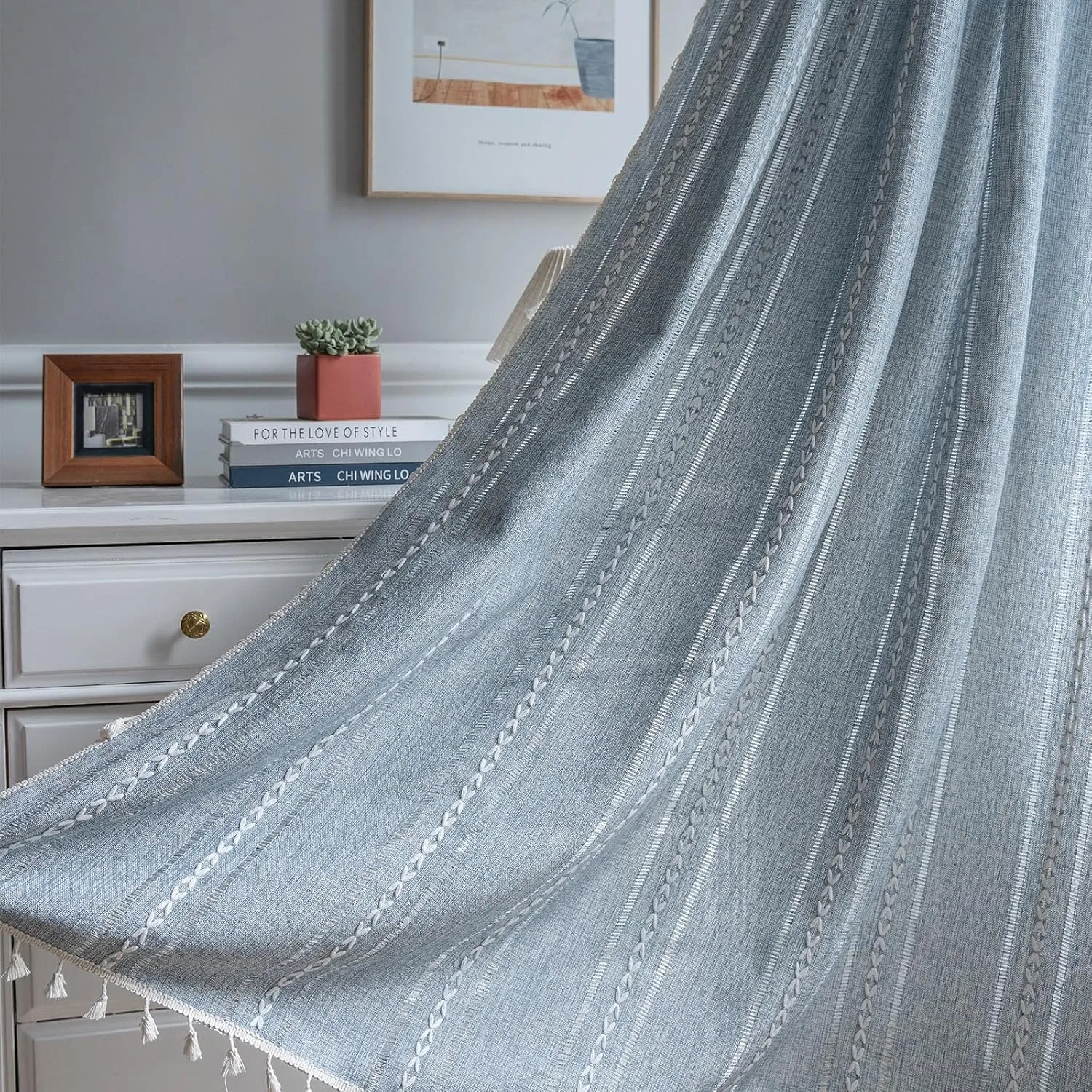 ColorBird Boho Curtains for Bedroom, 96 inch Blue Striped Room Darkening Linen Curtains & Drapes, 2 Panels Embroidered Window Curtain Panels for Dining Living Room Nursery Doorways