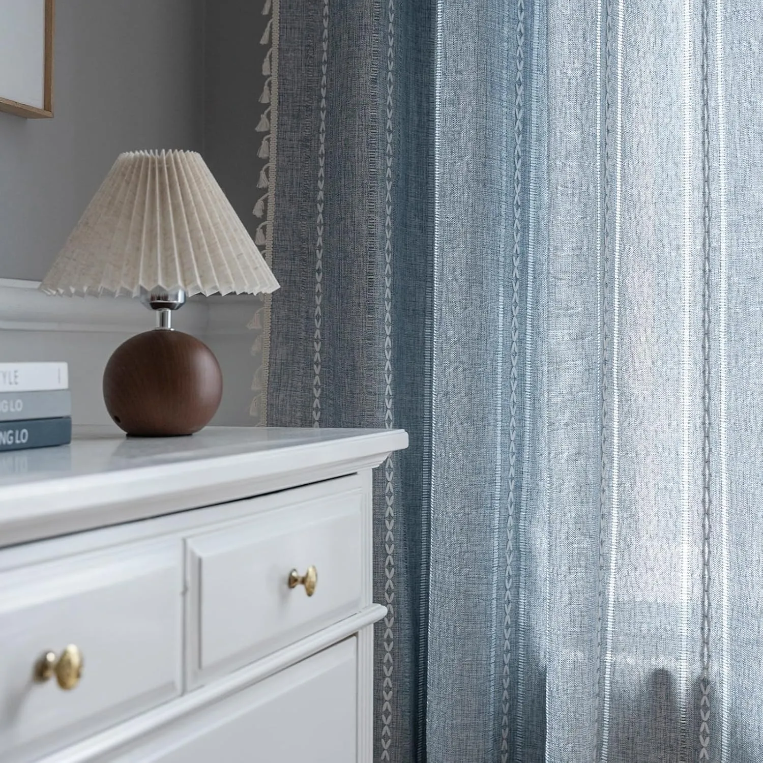 ColorBird Boho Curtains for Bedroom, 96 inch Blue Striped Room Darkening Linen Curtains & Drapes, 2 Panels Embroidered Window Curtain Panels for Dining Living Room Nursery Doorways