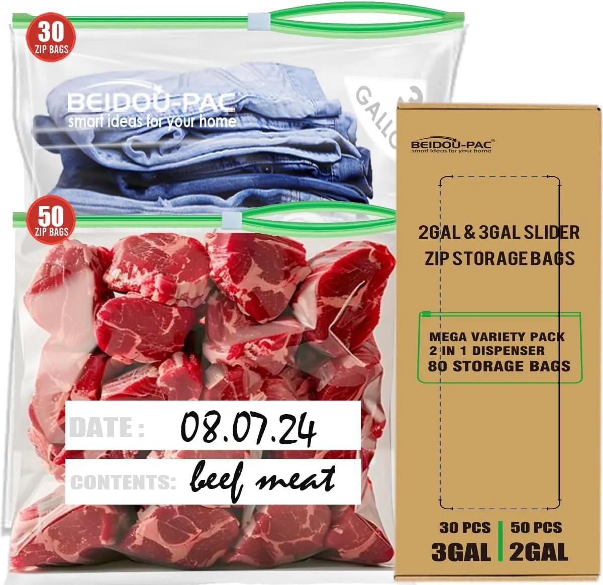 Combo Large Slider Storage Bags 80 Count, 2 Gallon & 3 Gallon Resealable Variety Pack With Organizer, Reclosable Clear Plastic Bags (Variety Pack)
