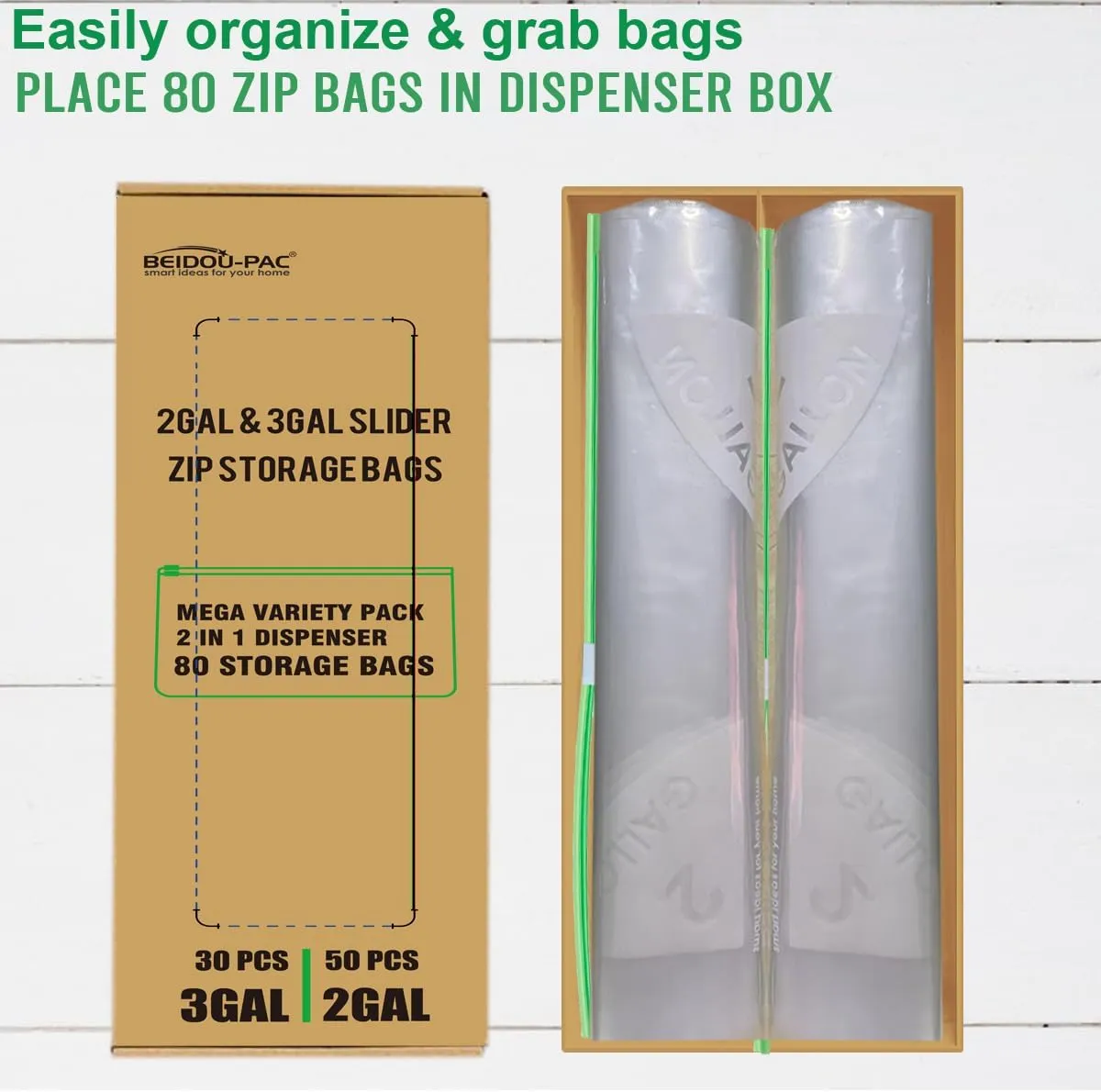 Combo Large Slider Storage Bags 80 Count, 2 Gallon & 3 Gallon Resealable Variety Pack With Organizer, Reclosable Clear Plastic Bags (Variety Pack)
