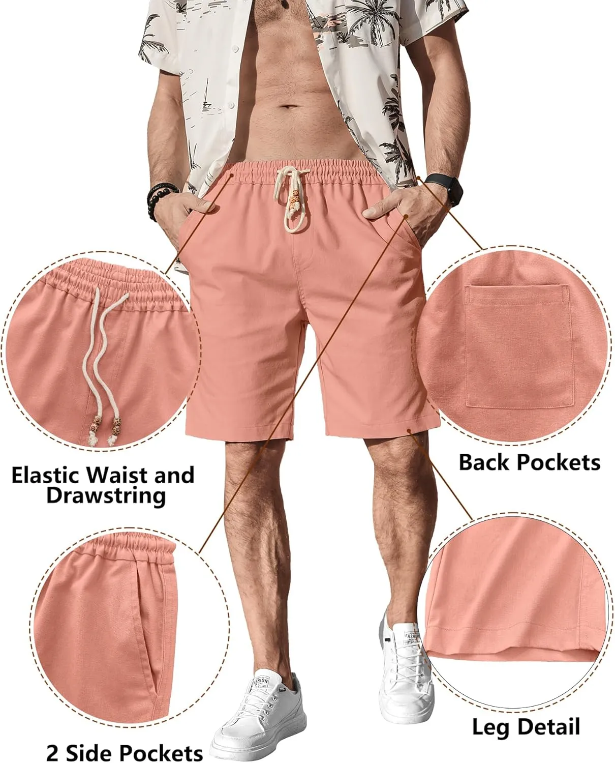 Comdecevis Men's Linen Shorts Casual Elastic Waist Drawstring Summer Beach Vacation Yoga Golf Shorts with Pockets