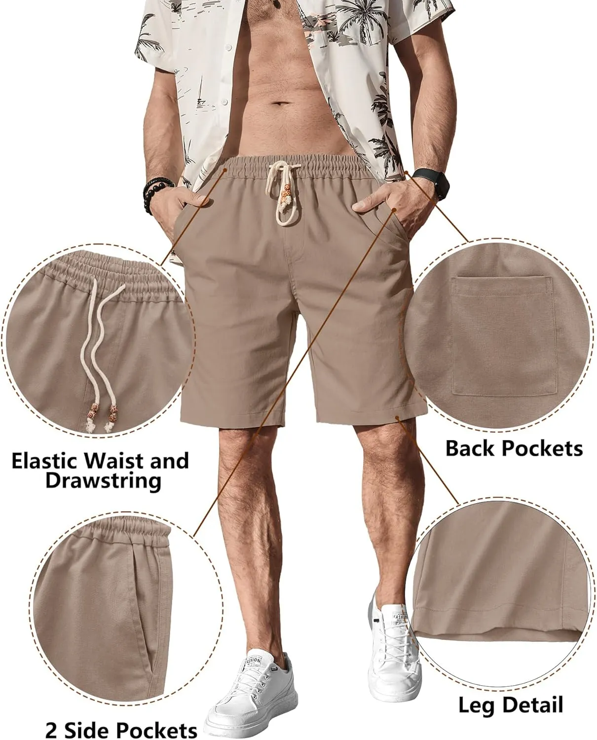 Comdecevis Men's Linen Shorts Casual Elastic Waist Drawstring Summer Beach Vacation Yoga Golf Shorts with Pockets