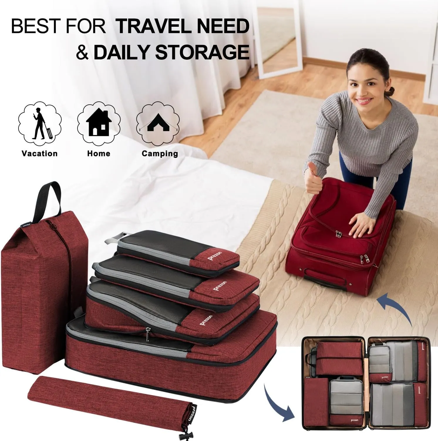 Compression Packing Cubes, Extensible Suitcase Organiser, Packing Organisers for Suitcases, Packing Cubes for Travel or Home Storage（6Set-Red）