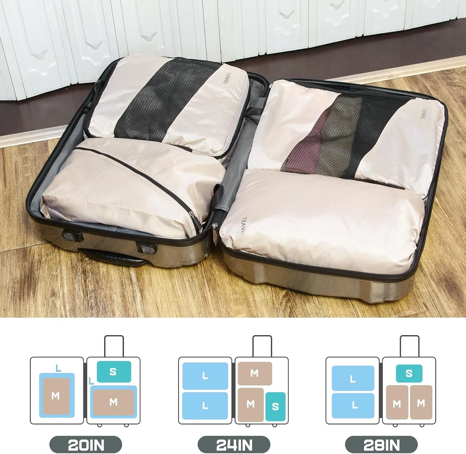 Compression Packing Cubes for Travel 6 Sets, Luggage Space Saving Travel Essentials Accessories for Suitcase Organizer Bags Set, Durable Organizer Bags (cream)