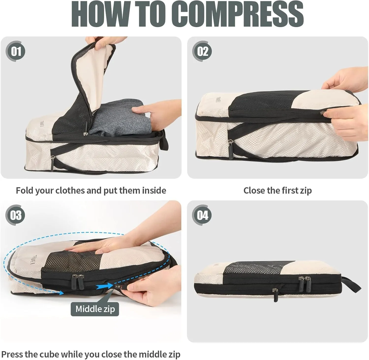 Compression Packing Cubes for Travel 6 Sets, Luggage Space Saving Travel Essentials Accessories for Suitcase Organizer Bags Set, Durable Organizer Bags (cream)