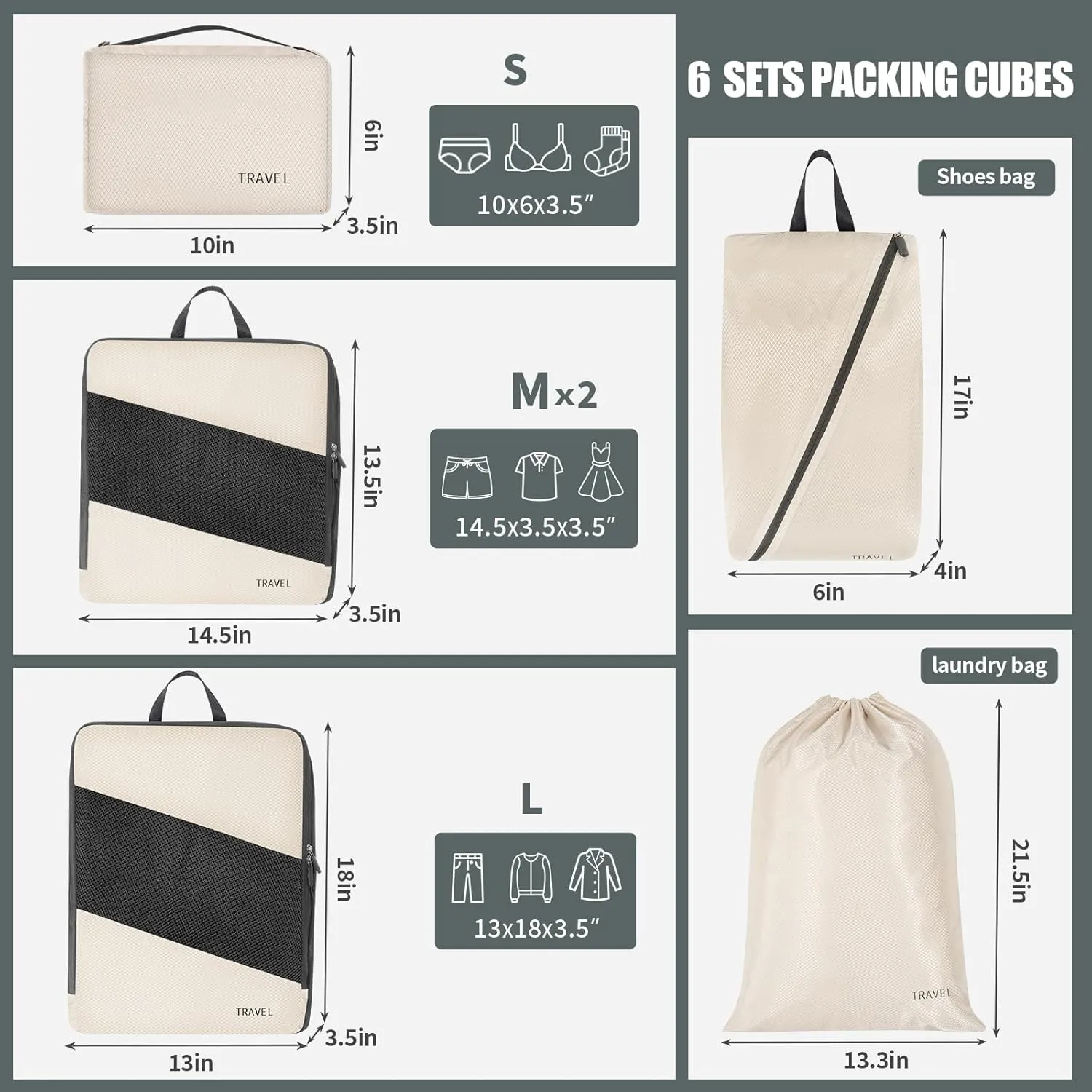 Compression Packing Cubes for Travel 6 Sets, Luggage Space Saving Travel Essentials Accessories for Suitcase Organizer Bags Set, Durable Organizer Bags (cream)