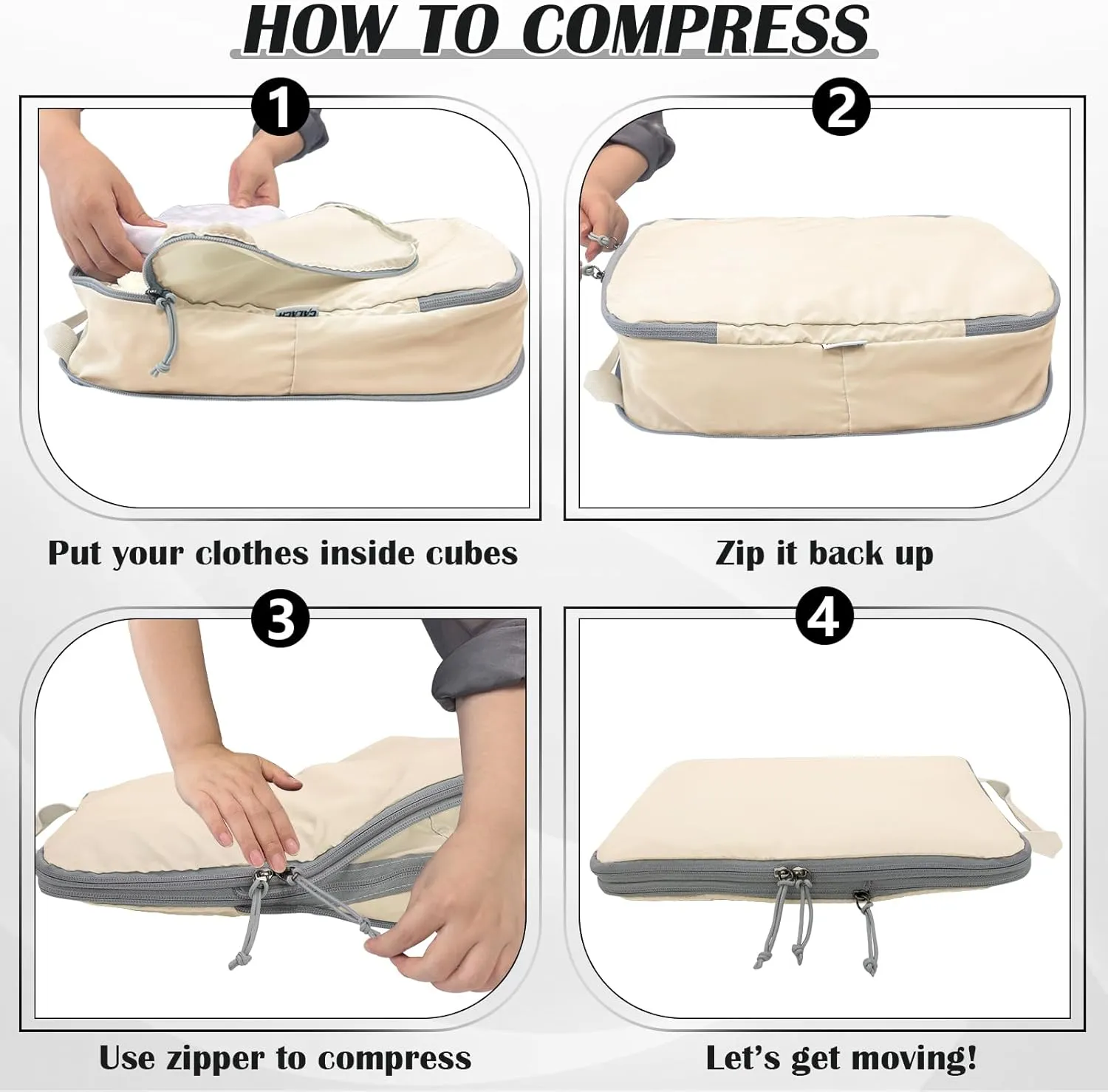 Compression Packing Cubes for Travel Essential, 2 Set Compression Bags Travel Cubes for Packing Suitcase Luggage Organizer Bags Set, Beige