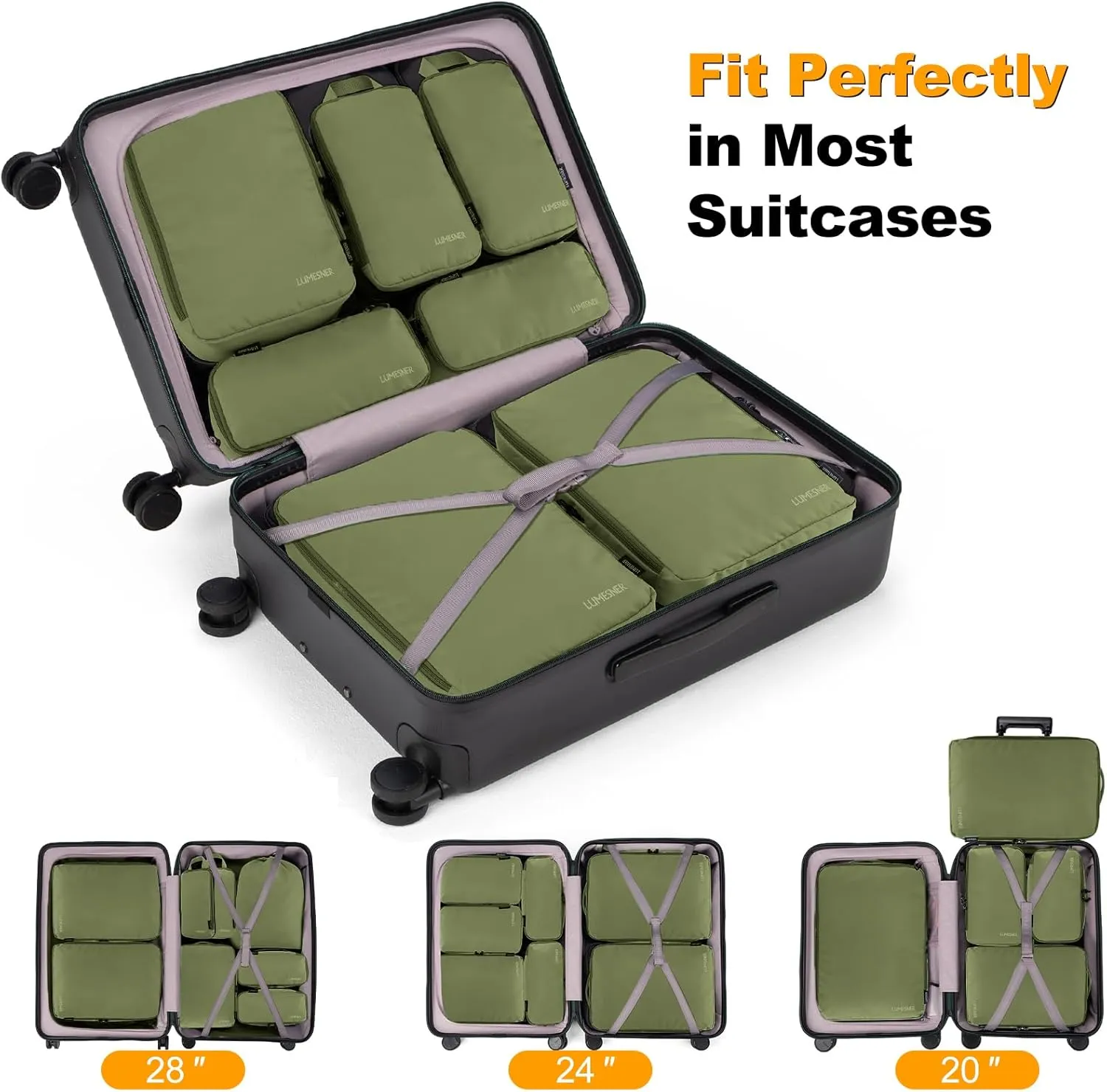 Compression Packing Cubes, Lumesner 8 Set Travel Packing Cubes for Carry on Suitcases, Compression Suitcase Organizers Bag Set & Travel Cubes (Army green, 8-piece)