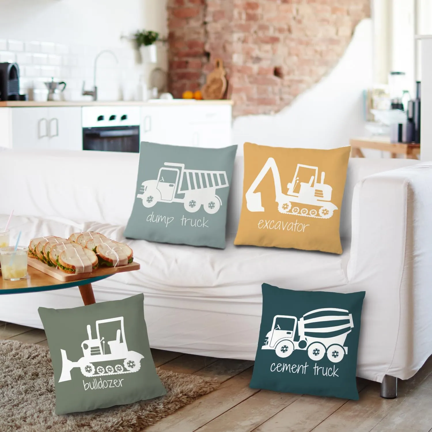 Construction Truck Decor for Toddler Boys Room - Bedroom Playroom Nursery, Truck Pillow Covers 18x18 Set of 4