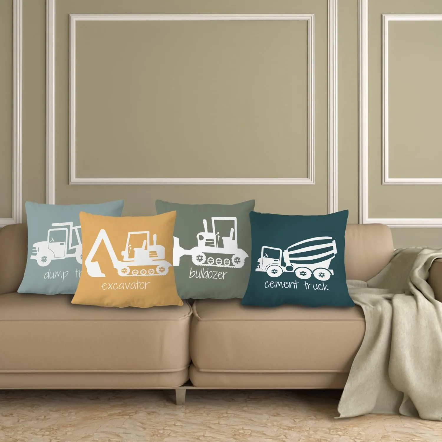 Construction Truck Decor for Toddler Boys Room - Bedroom Playroom Nursery, Truck Pillow Covers 18x18 Set of 4