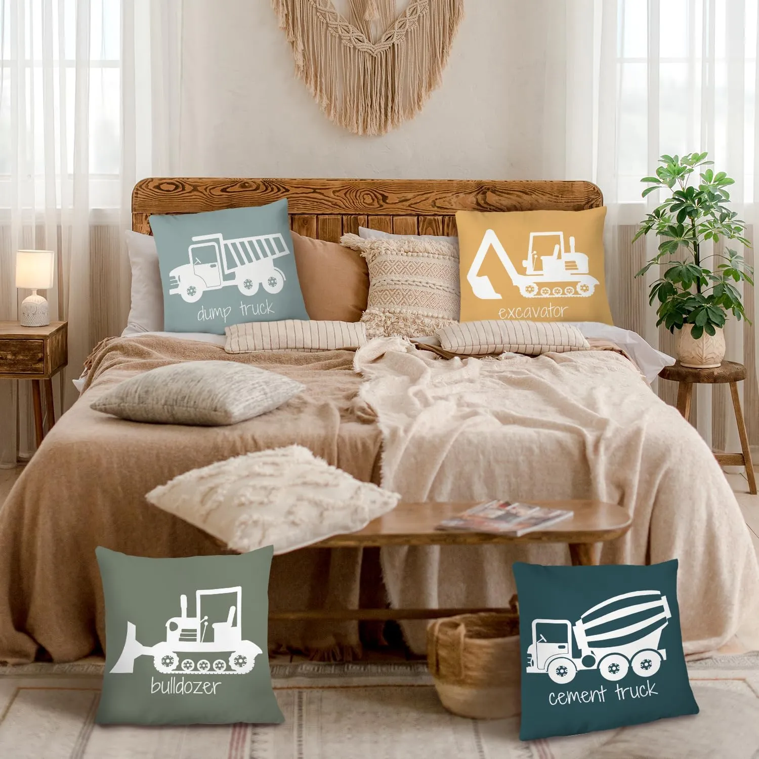Construction Truck Decor for Toddler Boys Room - Bedroom Playroom Nursery, Truck Pillow Covers 18x18 Set of 4