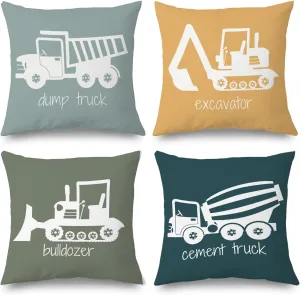 Construction Truck Decor for Toddler Boys Room - Bedroom Playroom Nursery, Truck Pillow Covers 18x18 Set of 4