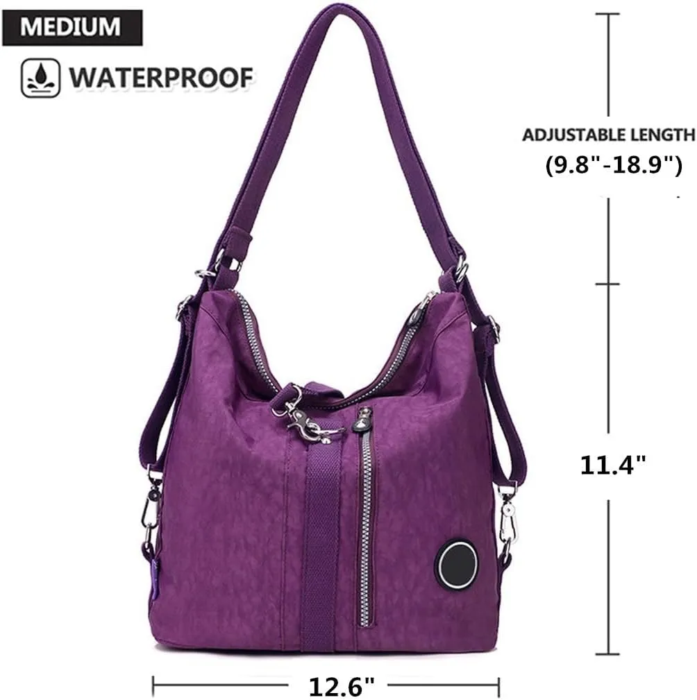 Convertible Backpack for Women Fashion Shoulder Handbag Purses Waterproof Nylon Crossbody Bag (Burgundy)