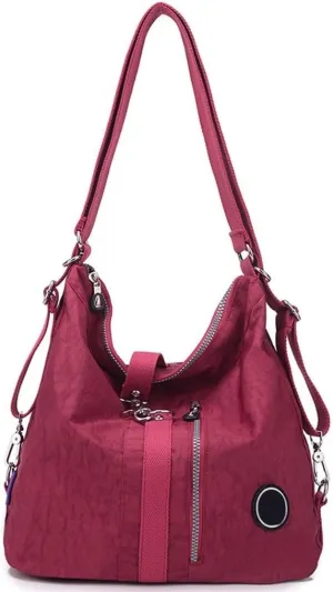 Convertible Backpack for Women Fashion Shoulder Handbag Purses Waterproof Nylon Crossbody Bag (Burgundy)