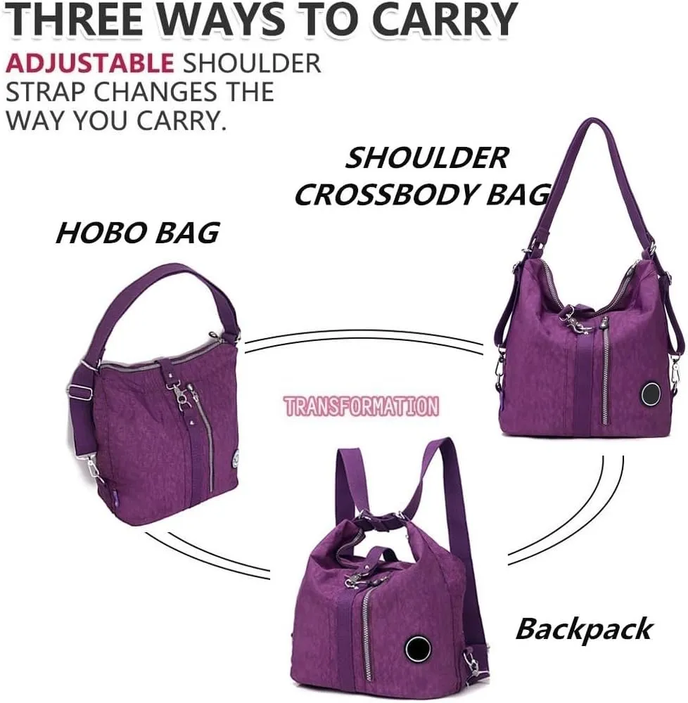 Convertible Backpack for Women Fashion Shoulder Handbag Purses Waterproof Nylon Crossbody Bag (Burgundy)