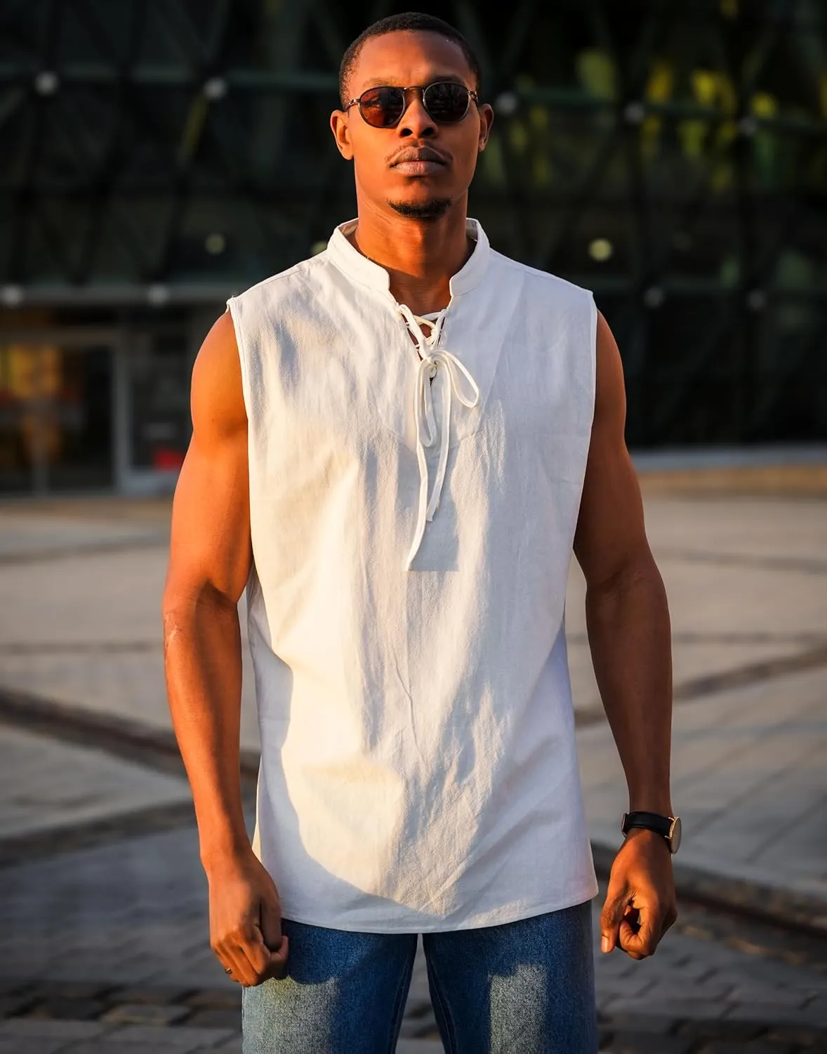 COOFANDY Men Tank Top Cotton Linen Beach Sleeveless Shirt Lace Up Bohemian Hippie Renaissance Pirate Kilt Medieval Tunic