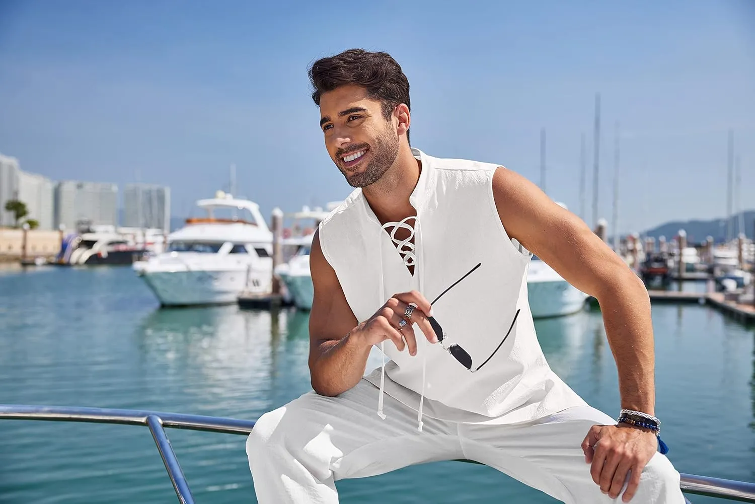 COOFANDY Men Tank Top Cotton Linen Beach Sleeveless Shirt Lace Up Bohemian Hippie Renaissance Pirate Kilt Medieval Tunic