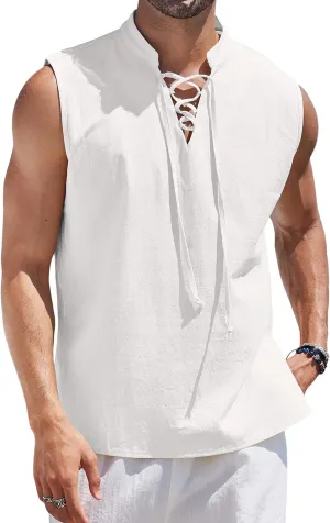 COOFANDY Men Tank Top Cotton Linen Beach Sleeveless Shirt Lace Up Bohemian Hippie Renaissance Pirate Kilt Medieval Tunic