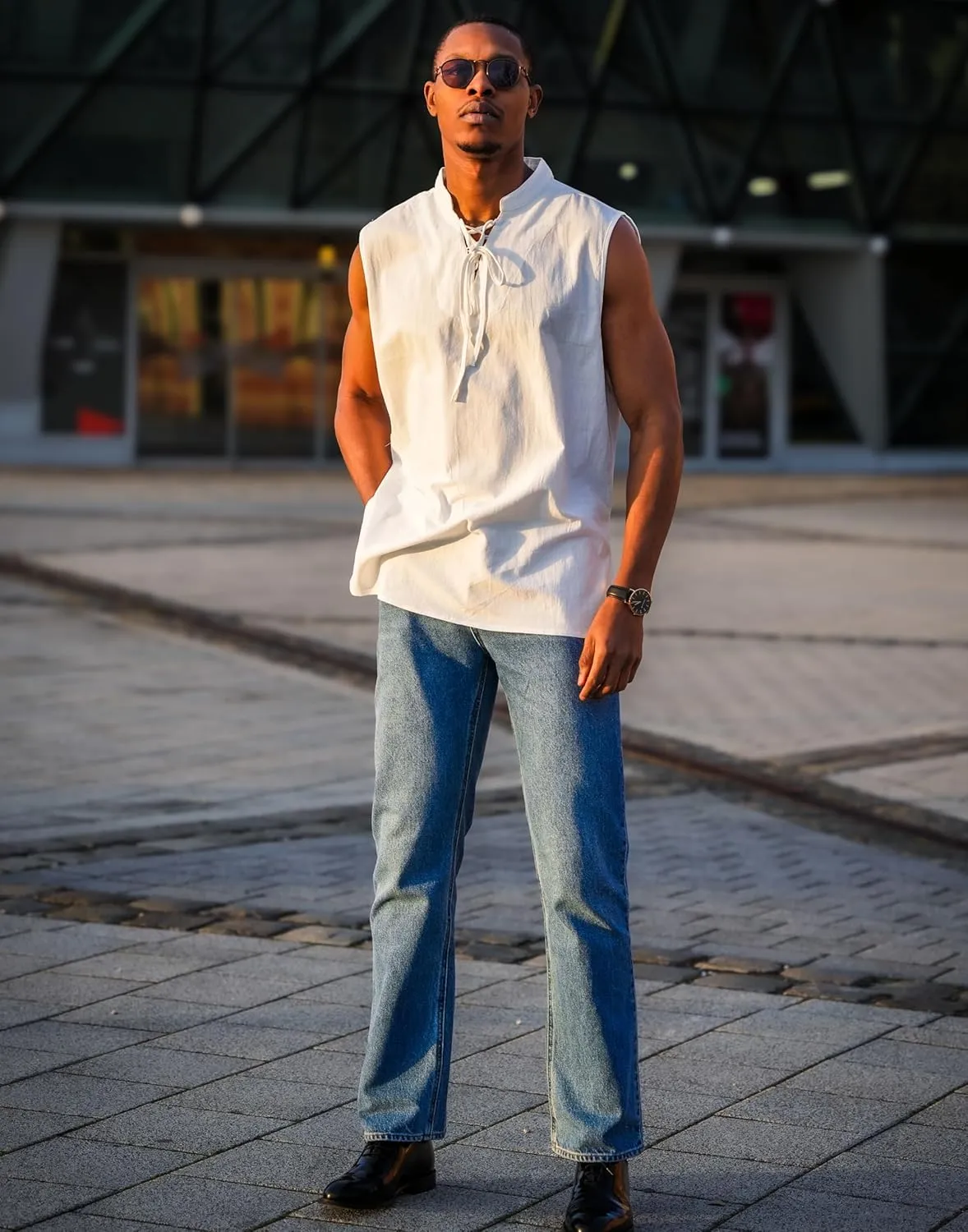 COOFANDY Men Tank Top Cotton Linen Beach Sleeveless Shirt Lace Up Bohemian Hippie Renaissance Pirate Kilt Medieval Tunic