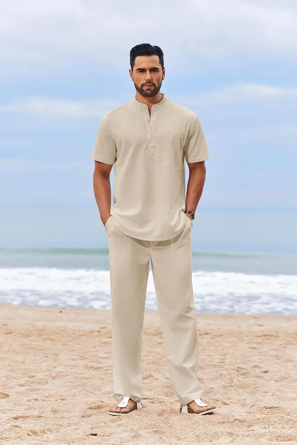 COOFANDY Men's 2 Piece Cotton Sets Casual Short Sleeve Henley Shirts and Beach Pants with Pockets Summer Vacation Outfits