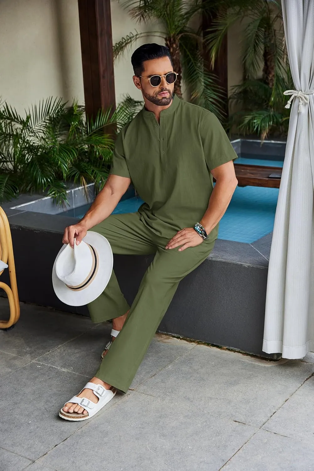 COOFANDY Men's 2 Piece Cotton Sets Casual Short Sleeve Henley Shirts and Beach Pants with Pockets Summer Vacation Outfits