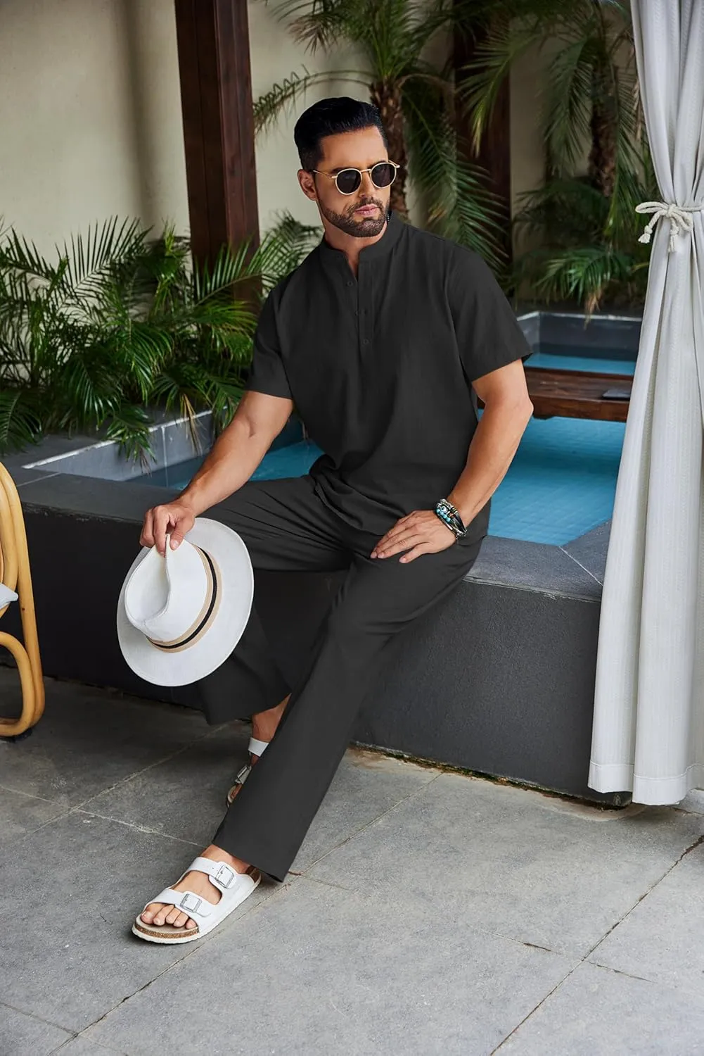 COOFANDY Men's 2 Piece Cotton Sets Casual Short Sleeve Henley Shirts and Beach Pants with Pockets Summer Vacation Outfits
