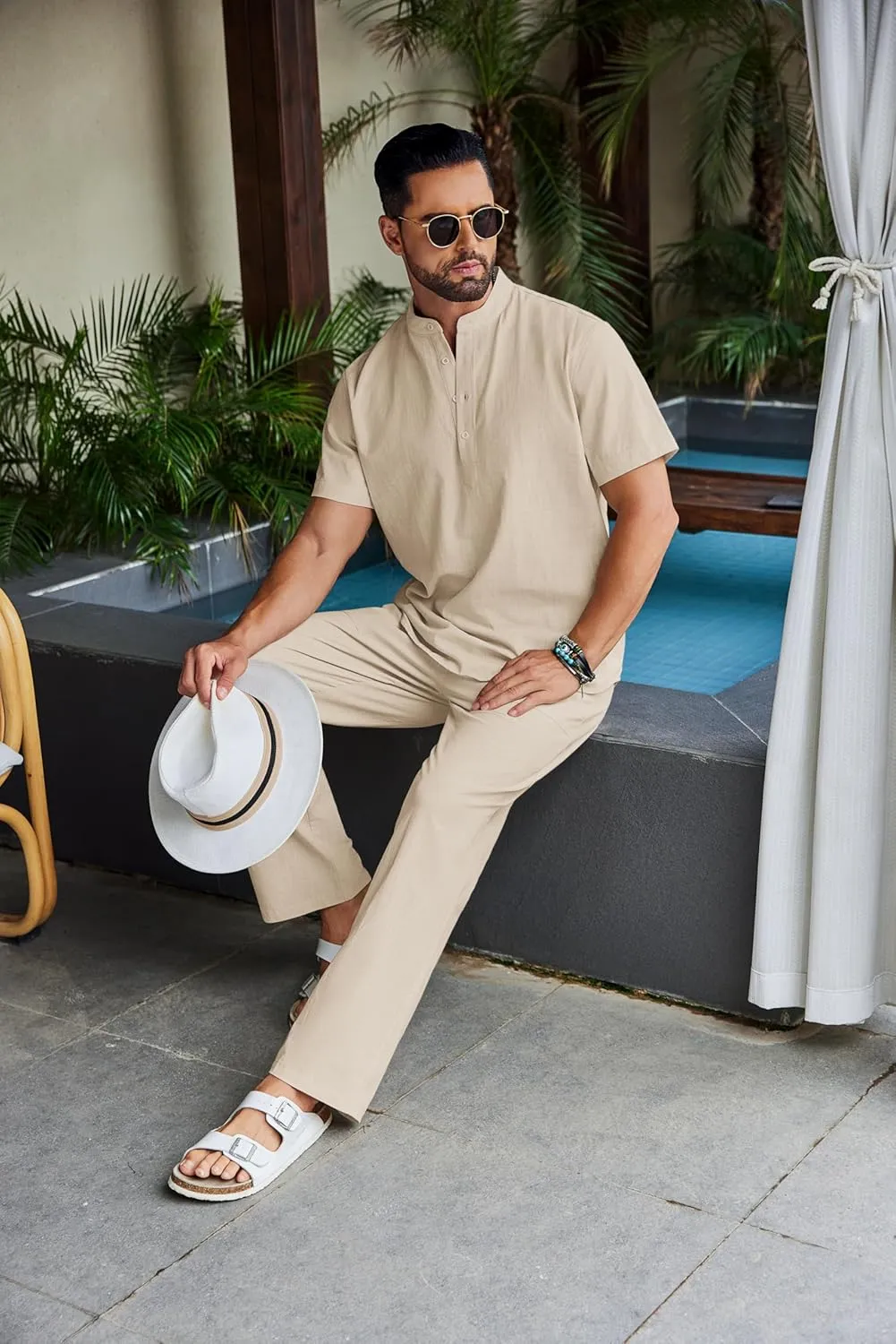 COOFANDY Men's 2 Piece Cotton Sets Casual Short Sleeve Henley Shirts and Beach Pants with Pockets Summer Vacation Outfits