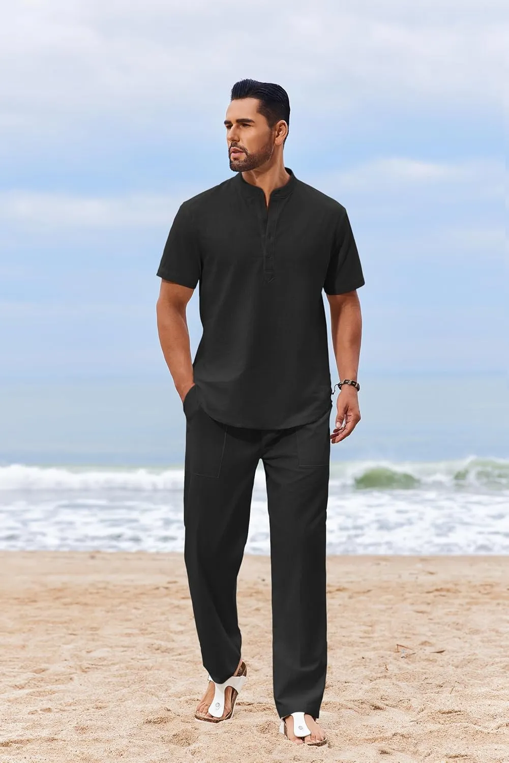 COOFANDY Men's 2 Piece Cotton Sets Casual Short Sleeve Henley Shirts and Beach Pants with Pockets Summer Vacation Outfits