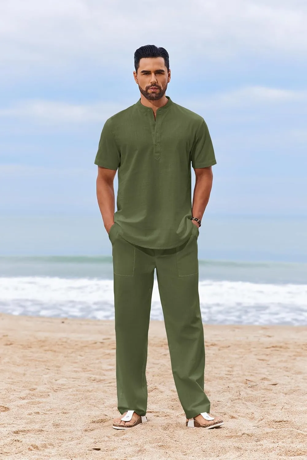 COOFANDY Men's 2 Piece Cotton Sets Casual Short Sleeve Henley Shirts and Beach Pants with Pockets Summer Vacation Outfits