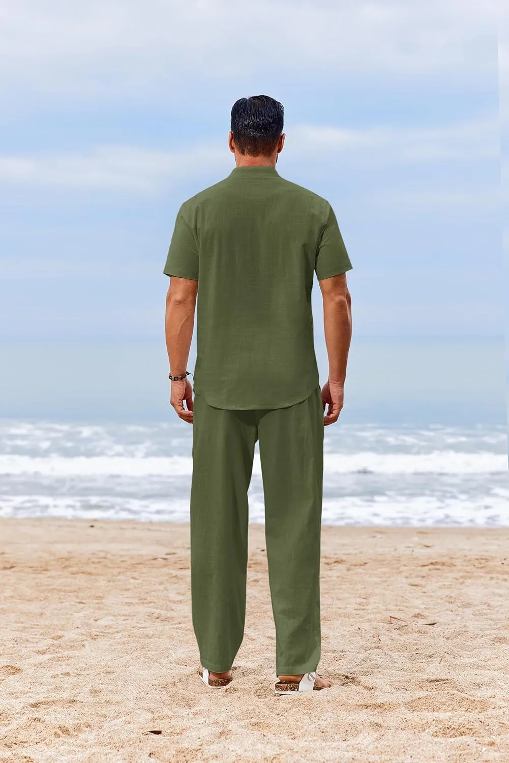 COOFANDY Men's 2 Piece Cotton Sets Casual Short Sleeve Henley Shirts and Beach Pants with Pockets Summer Vacation Outfits