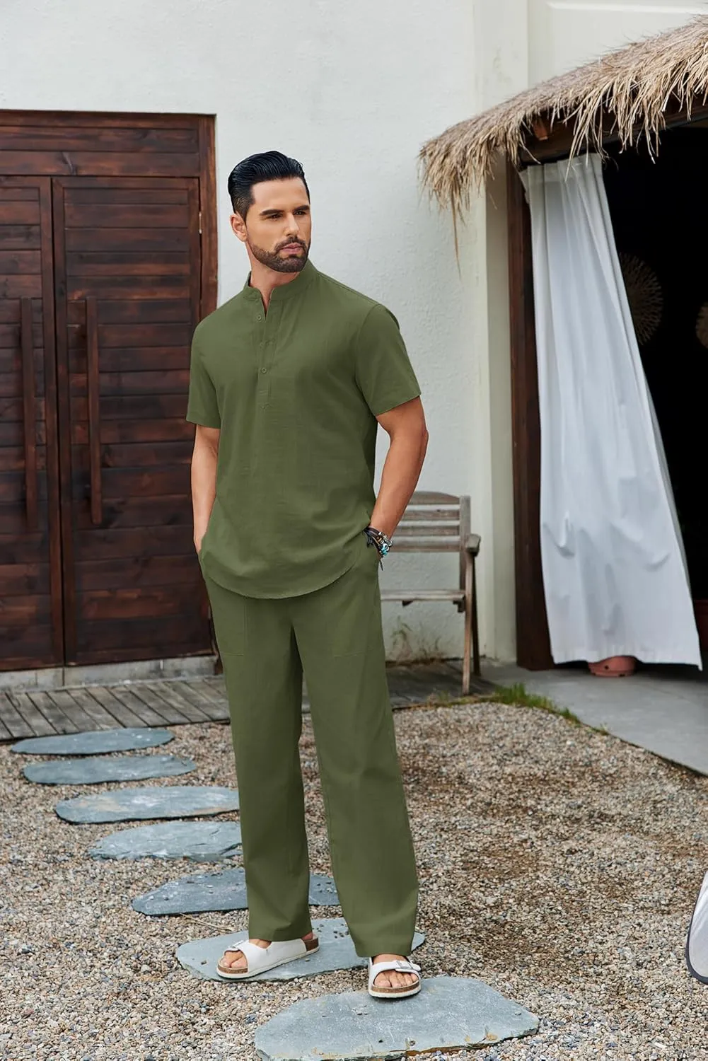 COOFANDY Men's 2 Piece Cotton Sets Casual Short Sleeve Henley Shirts and Beach Pants with Pockets Summer Vacation Outfits