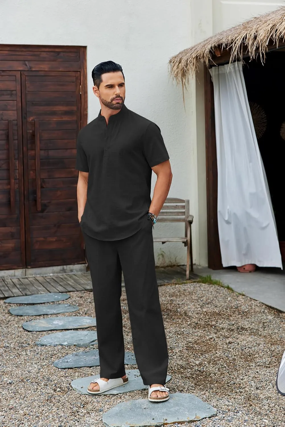 COOFANDY Men's 2 Piece Cotton Sets Casual Short Sleeve Henley Shirts and Beach Pants with Pockets Summer Vacation Outfits