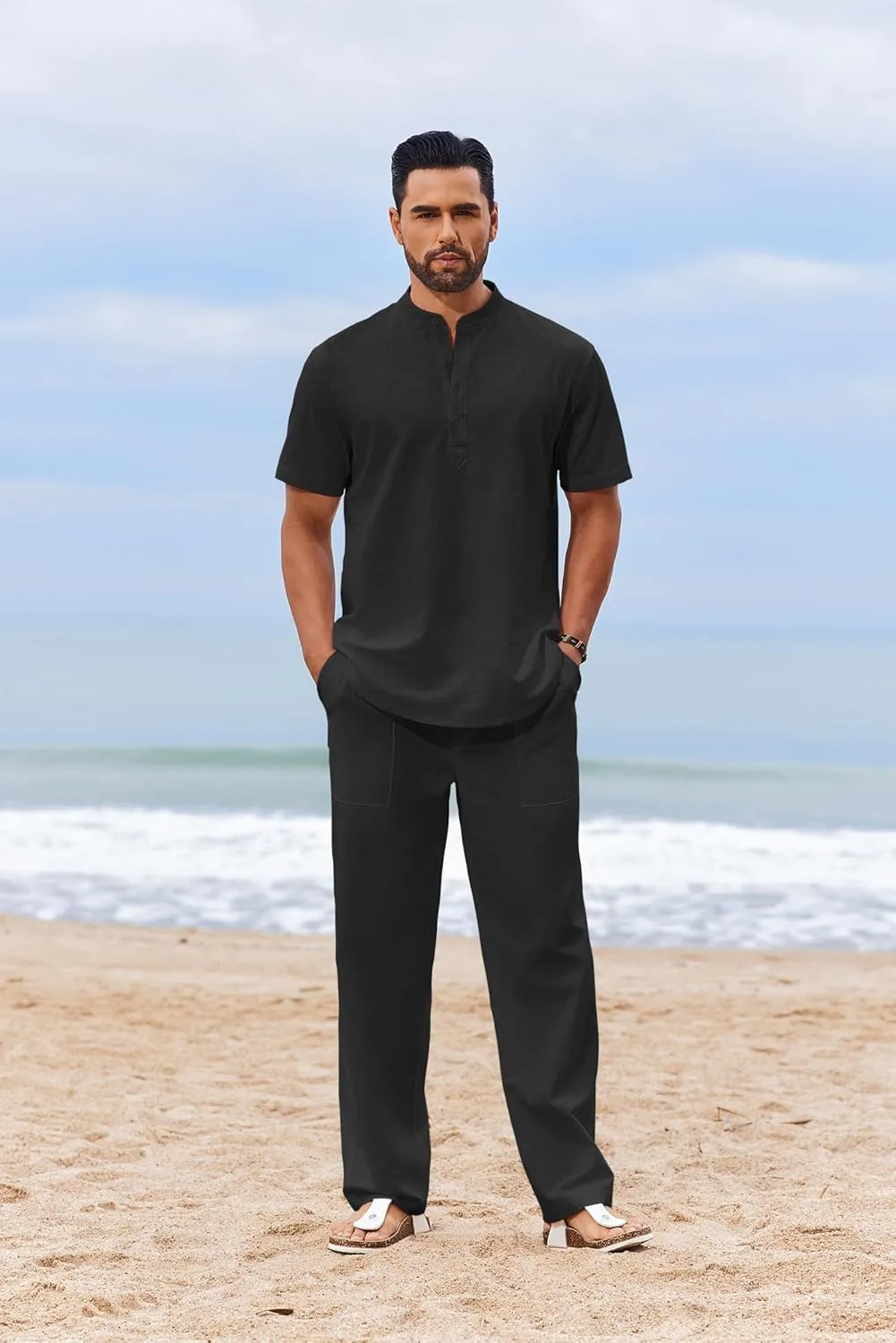 COOFANDY Men's 2 Piece Cotton Sets Casual Short Sleeve Henley Shirts and Beach Pants with Pockets Summer Vacation Outfits