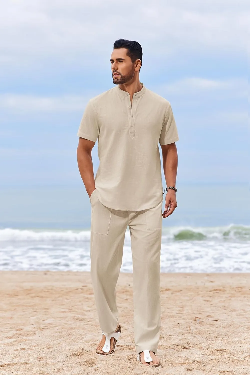 COOFANDY Men's 2 Piece Cotton Sets Casual Short Sleeve Henley Shirts and Beach Pants with Pockets Summer Vacation Outfits