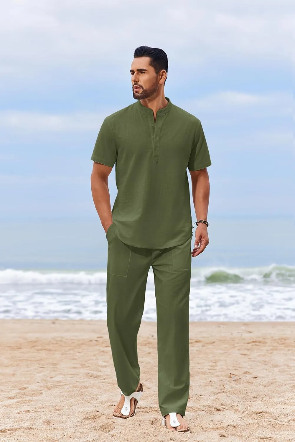 COOFANDY Men's 2 Piece Cotton Sets Casual Short Sleeve Henley Shirts and Beach Pants with Pockets Summer Vacation Outfits