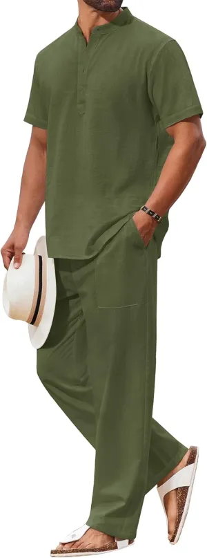 COOFANDY Men's 2 Piece Cotton Sets Casual Short Sleeve Henley Shirts and Beach Pants with Pockets Summer Vacation Outfits